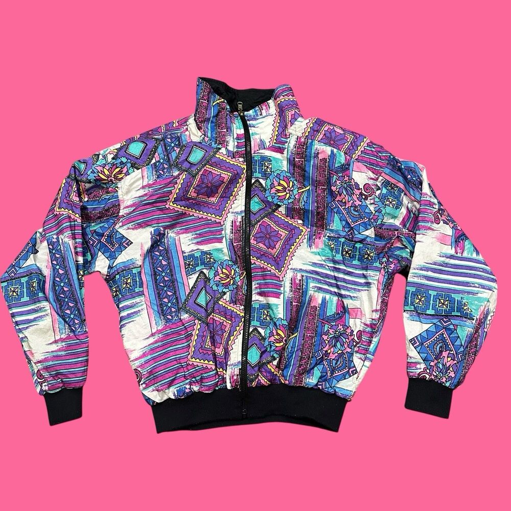 Vintage Fila Windbreaker Jacket Womens Size 10 Medium Aztec 90s 80s Reversible